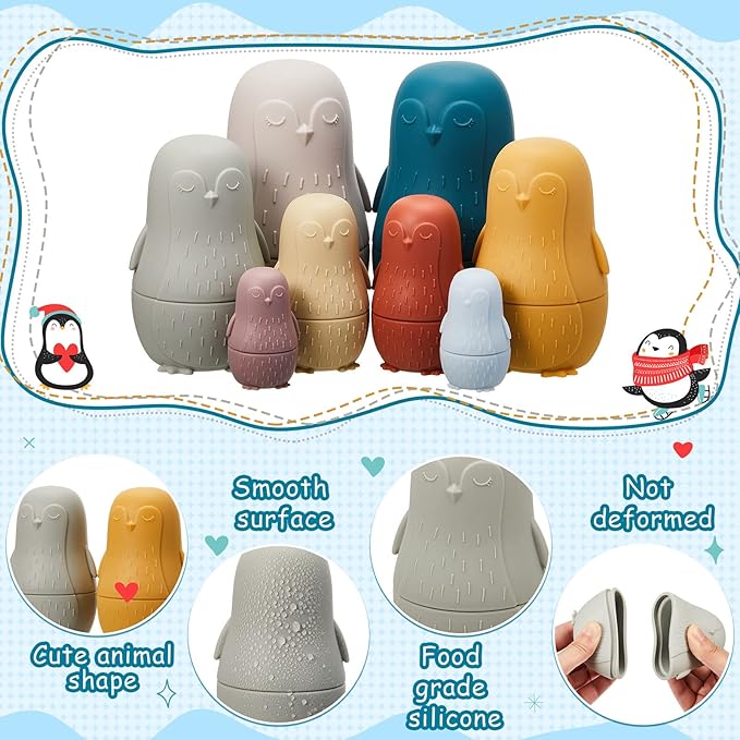 Chivao 8 Pieces Russian Nesting Dolls Silicone Matryoshka Doll Educational Stacking Nesting Dolls for Toddlers Vivid Food Grade Baby Teether for Kids, Gift for Kids(Penguin)