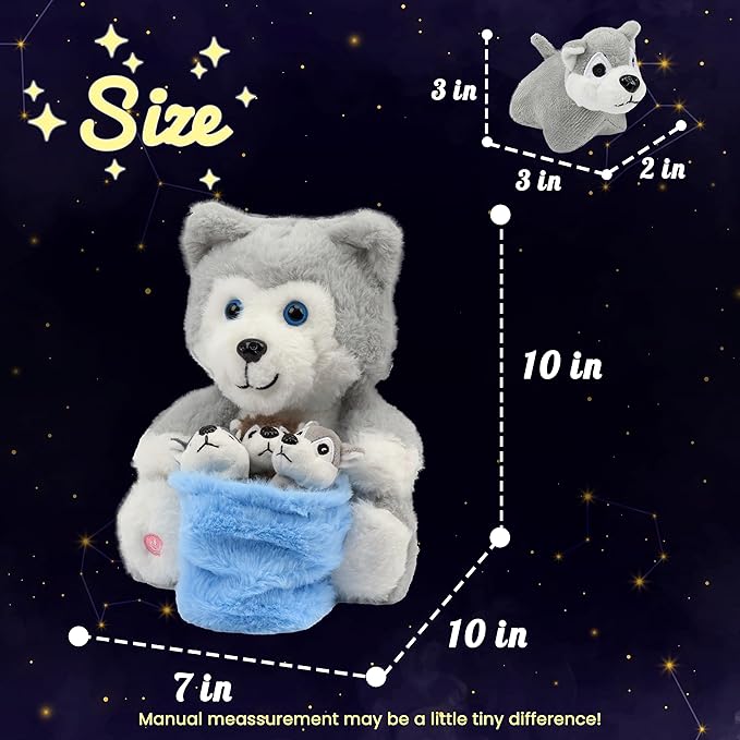 Hopearl LED Plush Husky with Removable Bucket Lighting Up Stuffed Mommy Dog with 3 Baby Puppies in Basket Floppy Stuffed Animal Playset Night Lights Glow in The Dark Birthday Gifts for Kids, 10''
