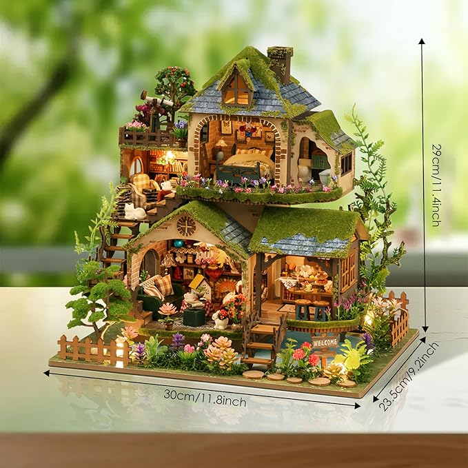 Foyucool Miniature House Kit, Mini House Building Kit with Light, Dollhouse Kits for for Adult to Building, Forest Adventure
