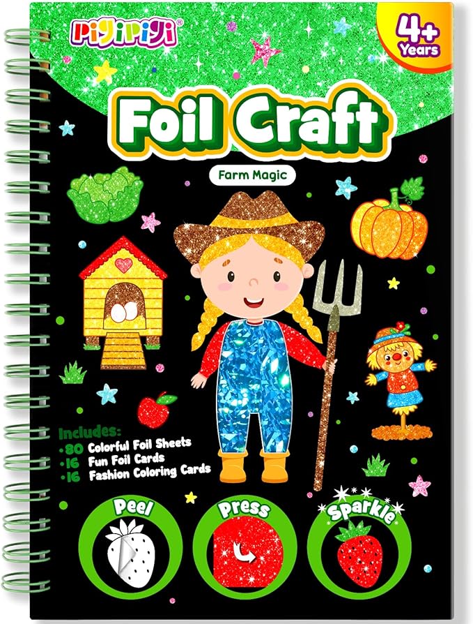 pigipigi Art Craft Activity for Kids: Foil Art Farm DIY Toy Kit, No Mess Creative Travel Supply Set, Idea Birthday Christmas Valentine Gift for Girl Boy Children 3 4 5 6 7 8 9 Year Old