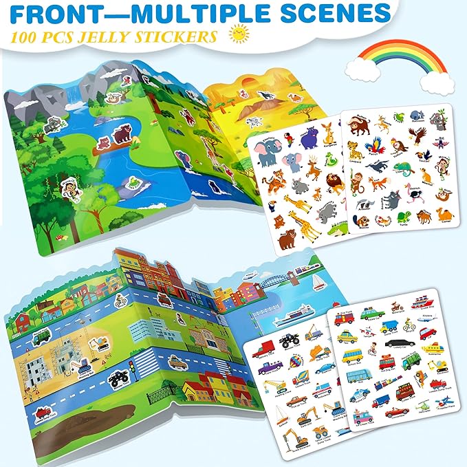 Reusable Sticker Books with 100 PCS Jelly Stickers, 2 Sets Toddler Activity Book for Girls Boys, Toddler Craft Activities-Safari, Vehicles