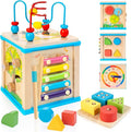 Wooden 7-in-1 Activity Cube, Montessori Toys for 1 Year Old Toddlers, Baby Educational Developmental Toys, One Year Old Boys Girls First Birthday Gifts with Bonus Sorting & Stacking Board