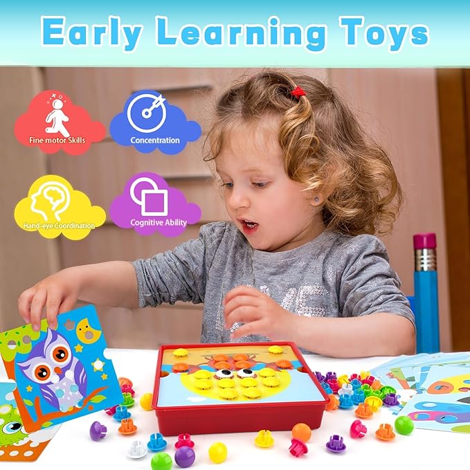 Button Art Toys for Toddlers, Crafts for Age 3-5, Early Educational Toys, Color Matching Mosaic Pegboard, Fine Motor Skills Game, Preschool Learning Activity Gifts for Boys & Girls 3+