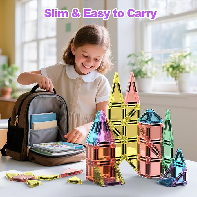 46PCS Mini Magnetic Tiles, Portable Magnetic Toys Travel Set with Iron Case for Kids Ages 4-8,Creativity Boosting Building Toys Set,Toddler Puzzle Birthday Gift Toys for Boys and Girls Ages 3+