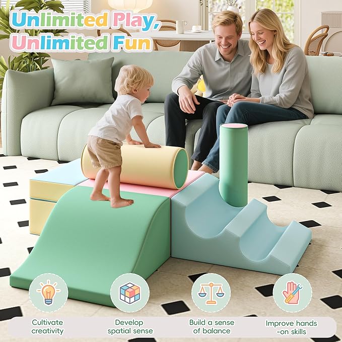 MU Soft Climbing Toys for Toddlers, Soft Foam Climbing Blocks, PU Leather Gym Climb & Crawl Soft Activity Playset, Indoor Climbing Toys Equipment for Kids and Children, Classic Grey, Macaron