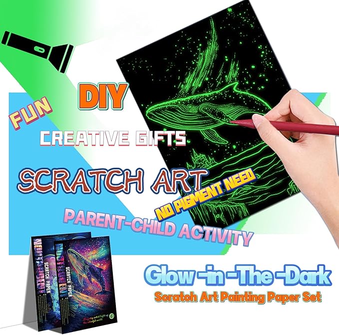 Scratch Paper Art for Adults-Glow in The Dark Scratch Painting Craft Kit (8 Sheets A4)|Foil Engraving Art Set|Stress Relief Gift for Craft Lovers|Creative Scratch Art Home Decor(Whales&Jellyfish)