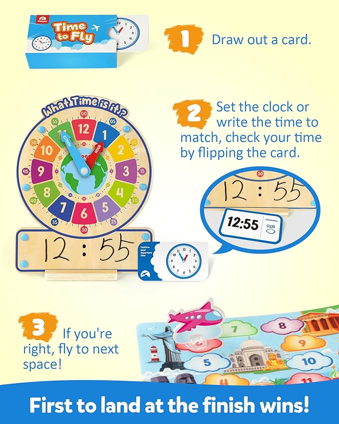 Coogam Wooden Clock Teaching Time Toy, Analog Digital Clock with Fly-Telling Time Board Game, Montessori Time Learning Educational Toy for 3 4 5 Year Old Homeschool Classroom Kids