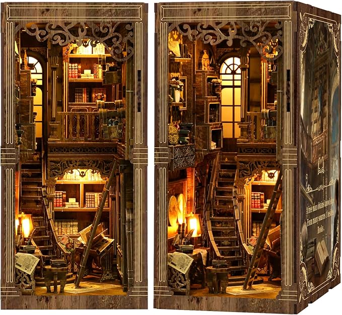 Book Nook Kit - DIY Miniature Dolls House Kit with Furniture and LED Light, 3D Puzzle Wooden Art Bookends, Model Kits for for Adults and Teens (Ancient Books)