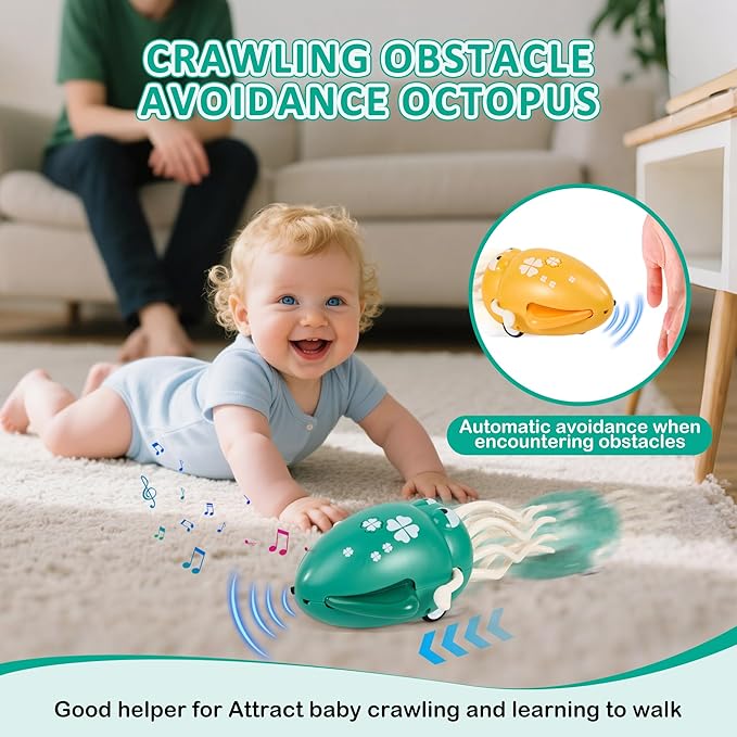 Magical Dancing Octopus Toy with LED Lights and Music, USB Rechargeable Tummy Time Toys, Automatic Dodging Crawling Toys, Suitable As a Birthday Gift for Children Aged 3 and Above (Green)