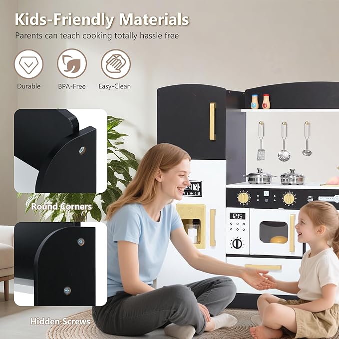 Kinder King Wooden Kids Play Kitchen, Toy Kitchen Playset for Toddler, Play Kitchen Set w/Blackboard, Transparent Coloring Board, Pretend Dishwasher, Oven, Ice Maker, Gift for Boys Girls Age 3+, Black