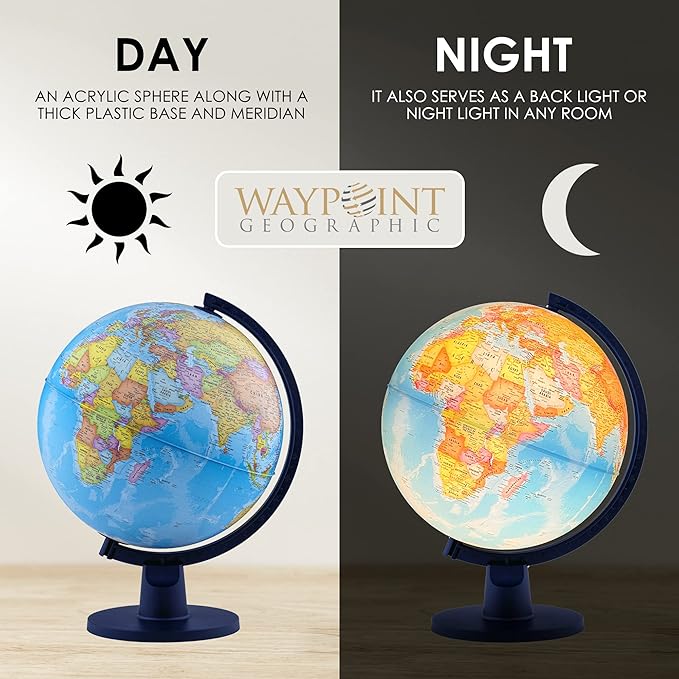 Waypoint Geographic Scout Illuminated Decorative Classroom Globe with Stand, Interactive World Globe with Political Mapping, Blue
