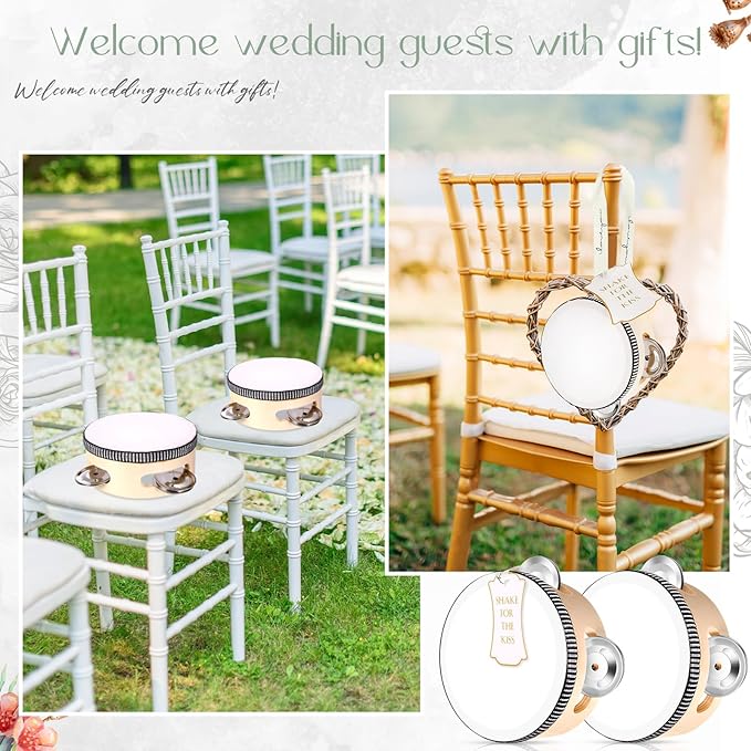 24 Set Tambourine for Adults Wooden Hand Held Drum with Metal Jingles, Gift Tags, White I Love You Printed Ribbon Percussion Gift Musical Instrument for Church Wedding Party Favor (8 Inch)