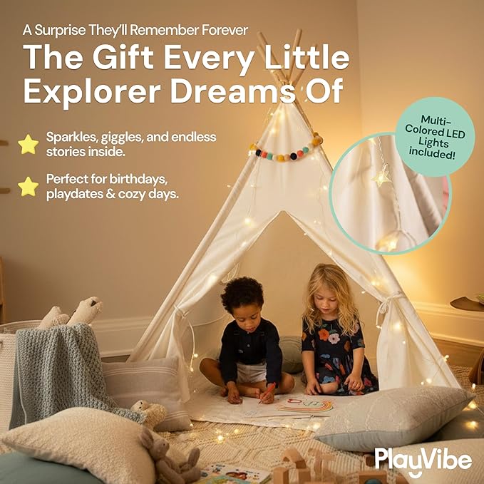 PLAYVIBE Teepee Tent for Kids - Castle Theme Indoor & Outdoor Playhouse with LED Star Lights - Halloween Party Tent, Cozy Fall Decor & Toddler Toy Fort