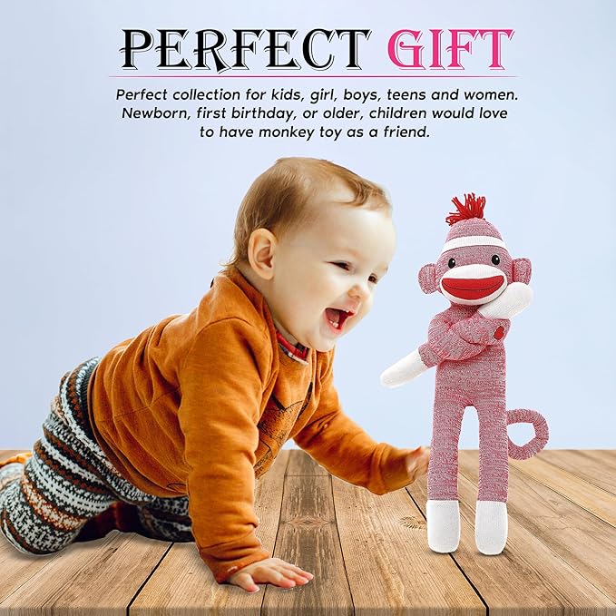 Adorable Sock Monkey, The Original Traditional Hand Knitted Stuffed Animal Toy Gift-for Kids, Babies, Teens, Girls and Boys Baby Doll Present Puppet (20" Pink)