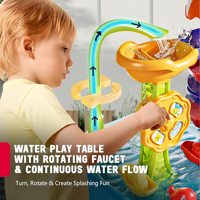 Water Table for Toddlers 1-3, 4-in-1 Outdoor Sand and Water Play Tables with Pump, Summer Kitchen Sink Toy with Fishing Game, Floating Boat, Sensory Gifts for Kids Ages 3-8
