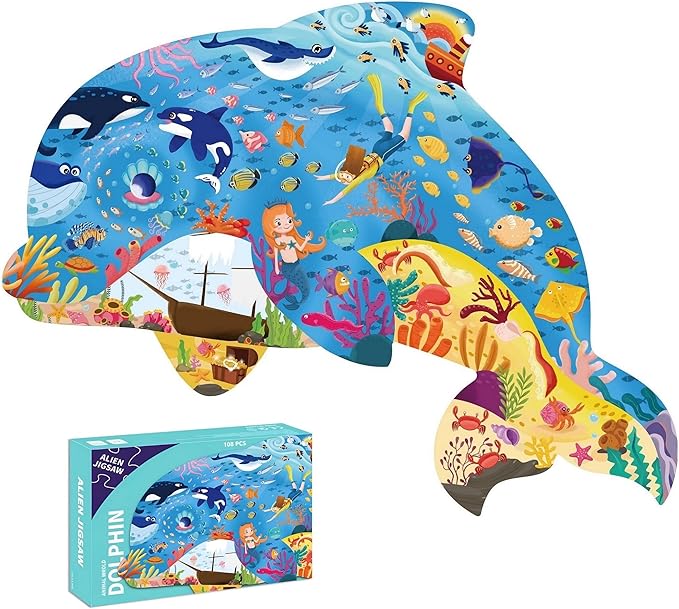 PINU Jigsaw Puzzles for Kids Ages 3-5, 6-8, 8-10, Children Colorful Fun Animal Shaped Puzzle Learning Educational Toys Gifts Games for Boys and Girls (Dolphin-108 PCS)