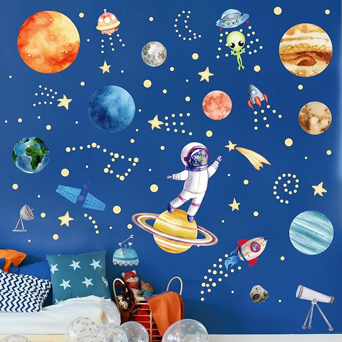 Watercolor Solar System Wall Decals, Glow in The Dark Stars, Kids Planets Sticker for Ceiling, Astronaut Wall Stickers for Bedroom, Green