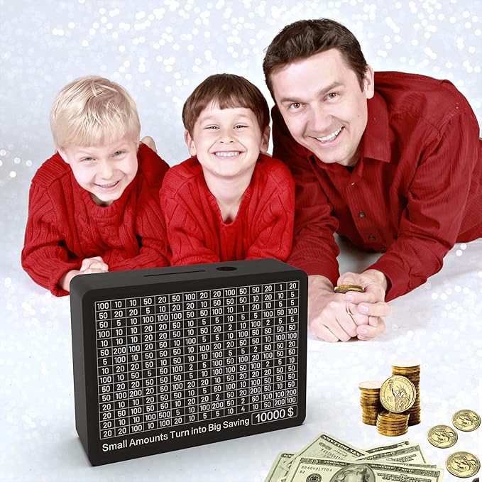 Piggy Bank for Adults Kids, Wooden Coin Bank for Boys and Girls, Cash Vault Money Saving Box with Counter $10000 $5000 Savings Challenge Money Box with Money Target and Numbers (Black Box+ 8 Sheets)