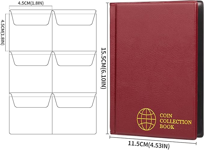 Coin Collection Album - Coin Holder Book Coin Storage Album Money Penny Pocket for Collectors CS01 (Red, Pocket Size 45x45mm/1.8x1.8 in[60 Pockets])