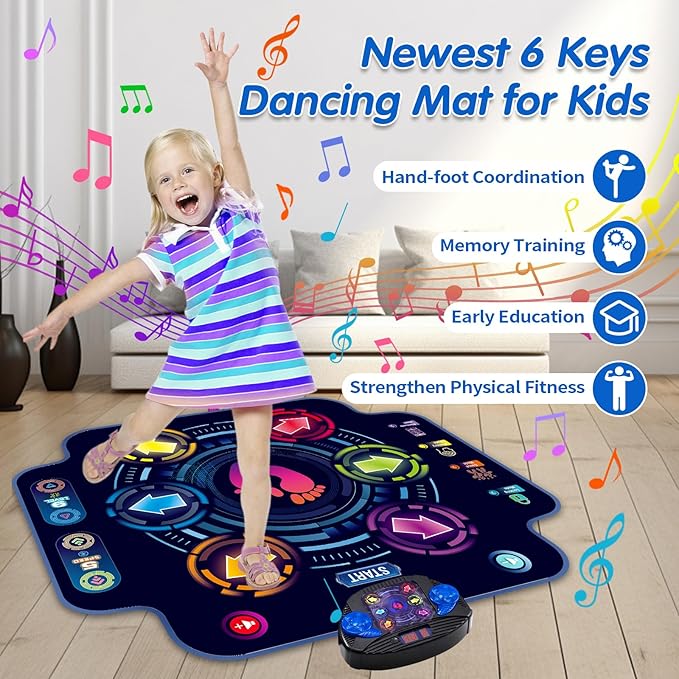 Kids Electronic Dance Pad with 6-Button & Wireless Bluetooth, Music Dance Game Mat with Built-in Music 9 Levels and 3 Modes, Birthday Gifts, Toys for Girls Ages 4-8, 8-12