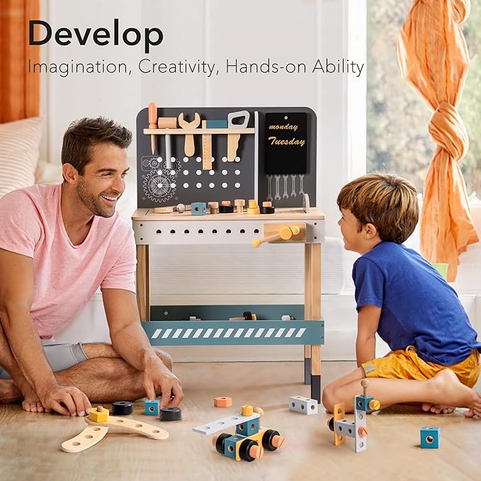 ROBOTIME Kids Tool Bench, Wooden Toy Tool Bench with Realistic Tools and Electric Drill, Kids Workbench for Kids Pretend Play Learning, Toddler Tool Bench Gift for Boys & Girls Age 3-5 (Blue)