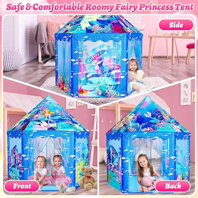 Princess Mermaid Kids Play Tent - Large Playhouse for 3-12 Year Old Girls, Indoor Outdoor Castle Toy for Toddlers, 55'' x 53'' (DxH)