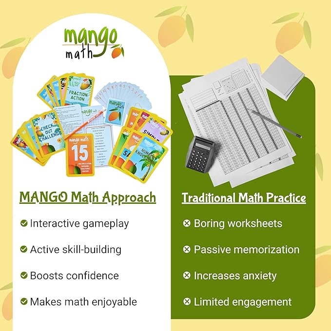 MANGO Math 15 Pack - Math Flash Cards - Educational Math Games for Kids - Multiplication, Division, Fractions Games & Learning Kit -2nd 3rd 4th Grades - Kids 6-12 - Set of 15 Games - English Version