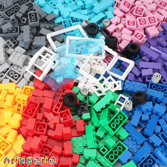 1000 Pieces Building Bricks, Classic Building Bulk Block for Kids with 12pcs Wheels Accessories, Windows, Doors, 2 Packs Studs Sticky Plate, Compatible with All Major Brands, Gfits for Kids
