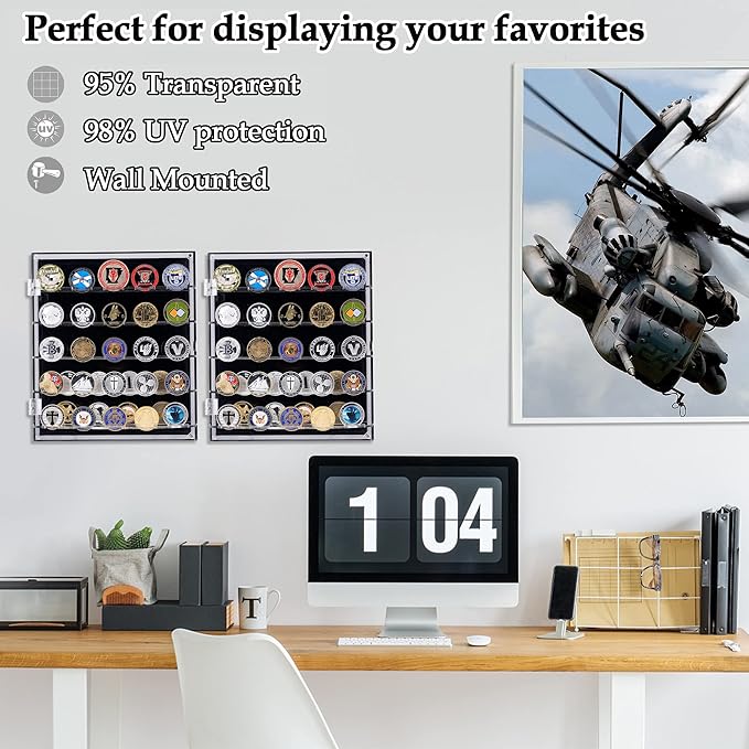 Coin Holder, Challenge Coin Display, Acrylic Military Coin Display Case with Removable Shelves and Magnetic Door, Fits 45 Military Medals Poker Chip Pins Badges, for Casino Poker Chips Collectibles