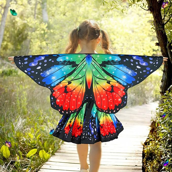 Butterfly Costume for Girls Fairy Wings Kids 4 Pcs(Cape,Skirts,Masks,Hair Clips) Butterfly Wings for Halloween Gifts