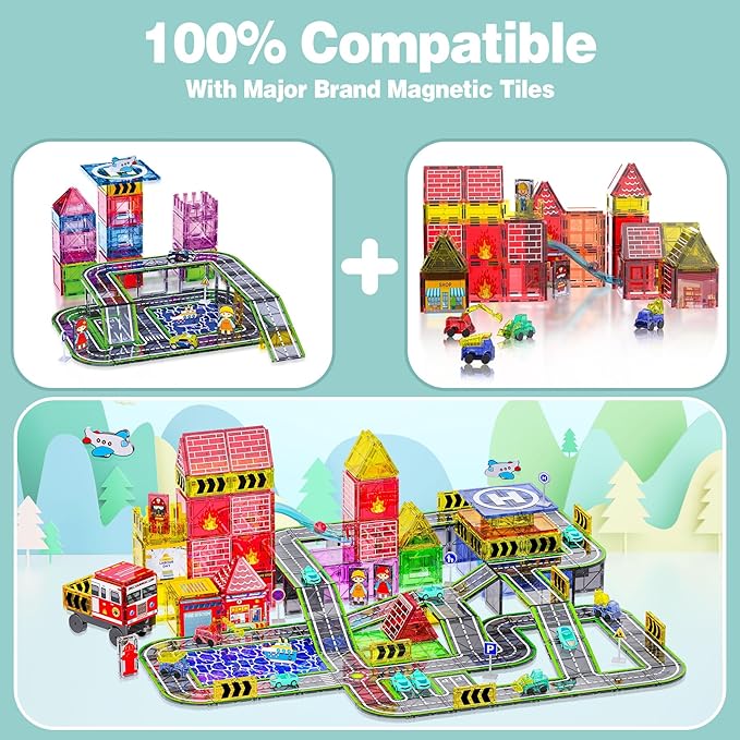 121PCS Magnetic Tiles Road Set with Pullback Cars. Magnet Tiles for Building Construction Toys with Ship, Airplane, Traffic Sign, STEM Magnetic Tiles for Kids Ages 4-8, Educational Gifts for Ages 3+