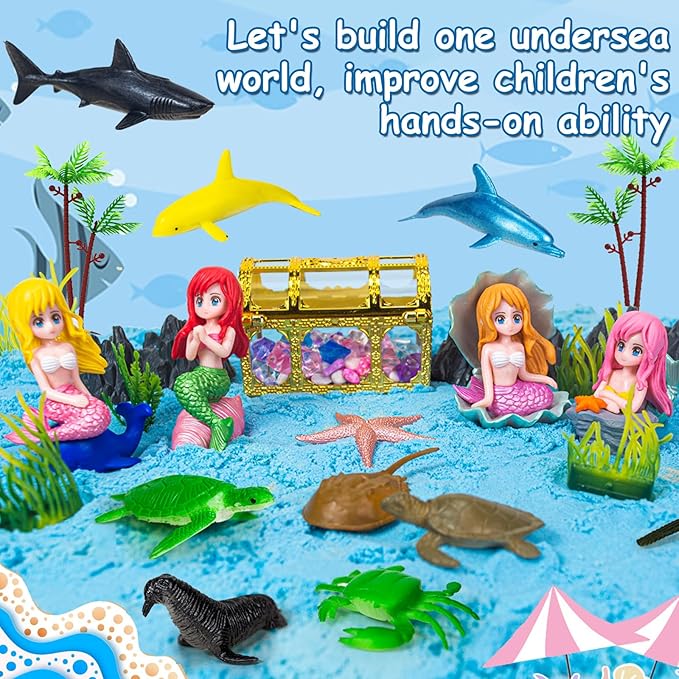 Ocean Sensory Bin, 57 Pcs Mermaid Sand Art Kit Castle Sea Animal Molds Sandbox Toys, Mermaid Play Sand Toy Sensory Playsand for Kids Toddlers, Birthday Gifts for Boys Girls Ages 3 4 5 6 7