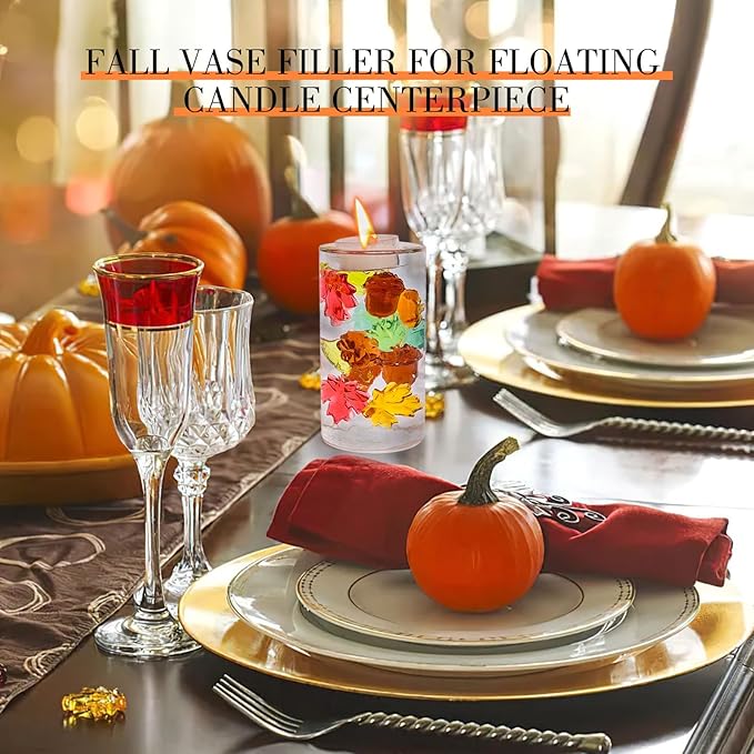 DomeStar 120PCS Fall Decorations Acrylic Pumpkin, Fall Sensory Bin Filler Vase Gems Plastic Leaves Acorns Maple Leaves for Crafts Thanksgiving Decor