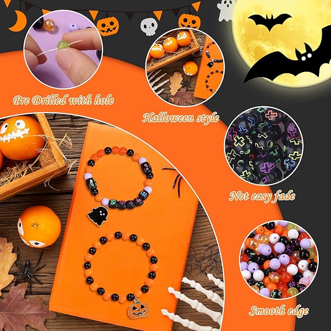 XIANNVXI 480pcs 23color Halloween Glass Beads Jewelry Making Kit Black Orange Purple White Friendship Bracelet Supplies with Halloween Pattern Beads DIY Crafts Kit