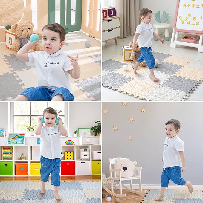 16 Tiles Foam Play Mat for Baby, Soft & Safe EVA Foam Mats for Floor, Square Interlocking Floor Mat, Solid Colored Kids Foam Puzzle Floor Mat, 47x47 Play Mat for Playpen(White/Beige/Gray)