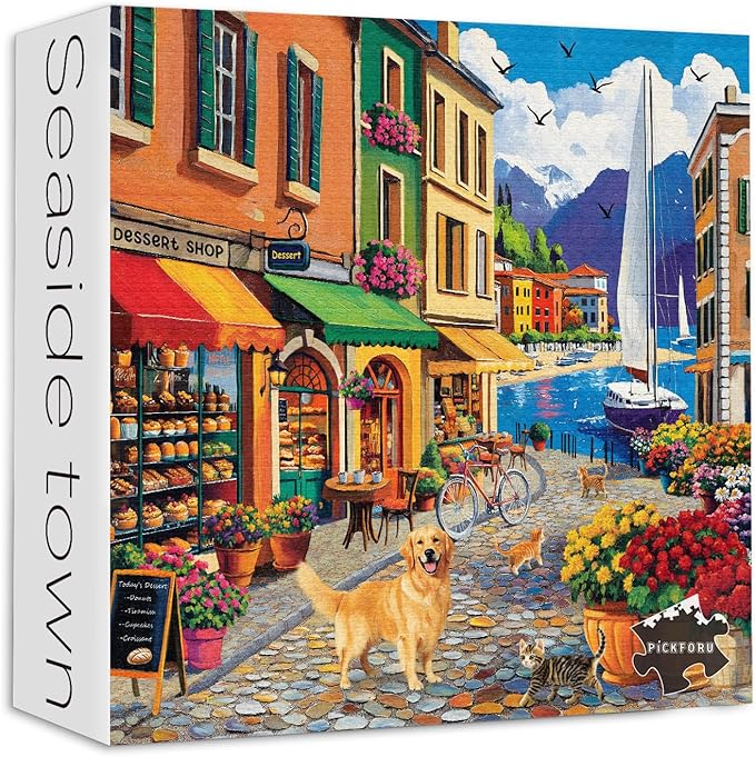 PICKFORU Seaside Puzzles for Adults - 1000 Pieces, Vintage Beach & Small Town Holiday Puzzles as Wall Decor