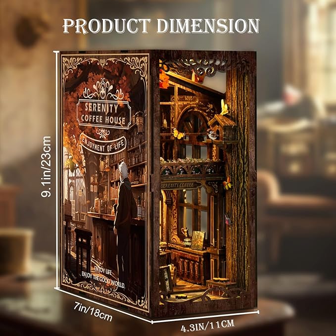 DIY Book Nook Kit 3D Puzzles for Adults Miniature House Kit Wooden Bookends Booknook Bookshelf Insert Decor with LED Lights Wood Crafts Gifts for Book Lovers - Serenity Coffee House