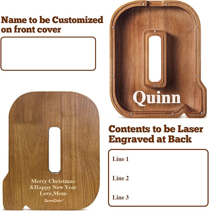 Summidate Customized Name Extra Large Wooden Piggy Bank for Kids Boys Girls Alphabets Letter A-Z Coins Bills Money Change Saving Box Clear Cover (Laser Engraved) Educational Toys 12"- Letter Q