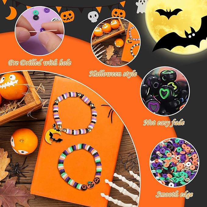 XIANNVXI 2700pcs Halloween Clay Beads Orange Purple Black White Green Jewelry Making Kit Friendship Bracelet Supplies with Halloween Pattern Clay Beads DIY Crafts Kit
