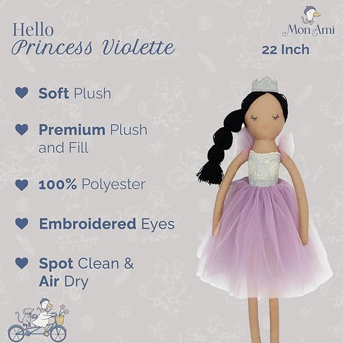 MON AMI Princess Violette Designer Doll – 22”, Soft & Elegant Stuffed Plush Princess Doll, Use as Toy or Room Decor