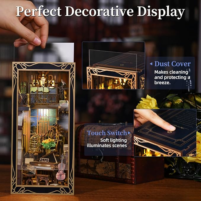 DIY Book Nook Kit, Miniature Dollhouse Booknook Kit, 3D Wooden Puzzle Bookend Bookshelf Insert Decor with LED Light for Teens and Adults (Pianist with Nightingale)