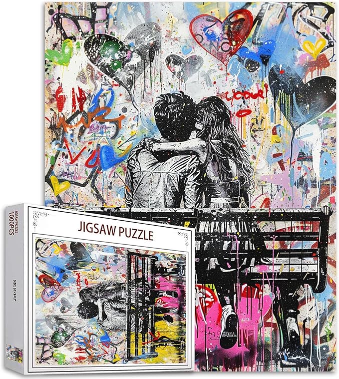Tucocoo Banksy Graffiti Jigsaw Puzzles for Adults 1000 Pieces, Couple Lovers Sitting on Bench Jigsaw Puzzle 20x 27 Inch Colorful DIY Puzzles for Home Decoration, Family Puzzle Perfect for Game Nights
