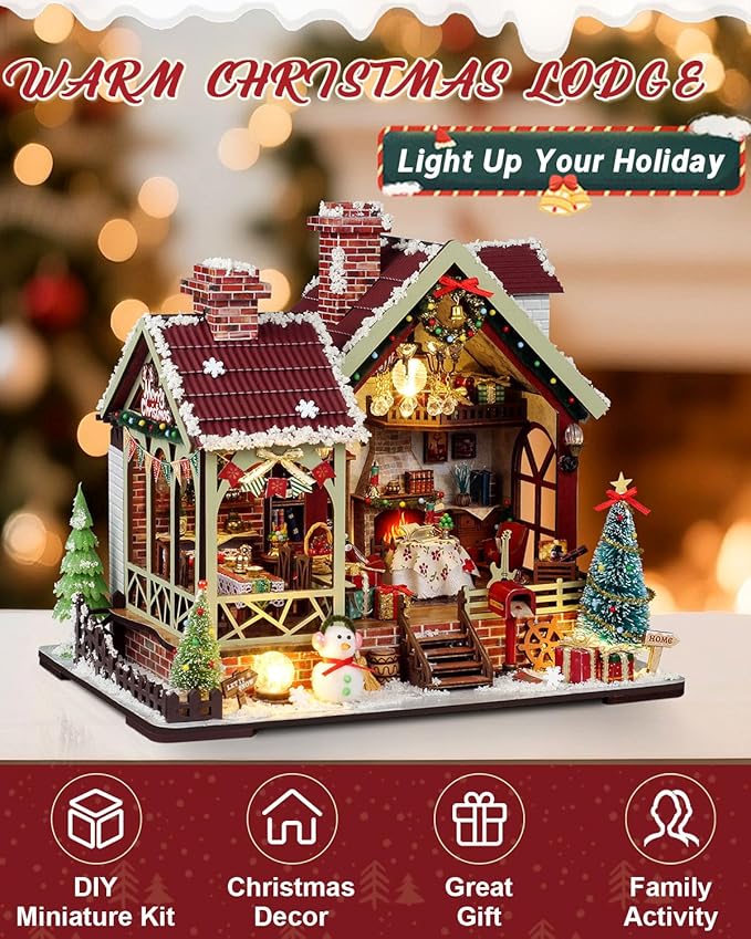 Miniature House Kit – Warm Christmas Lodge, DIY Wooden Dollhouse with LED & Music Box, Tiny House Craft Gift for Teens Families Friends
