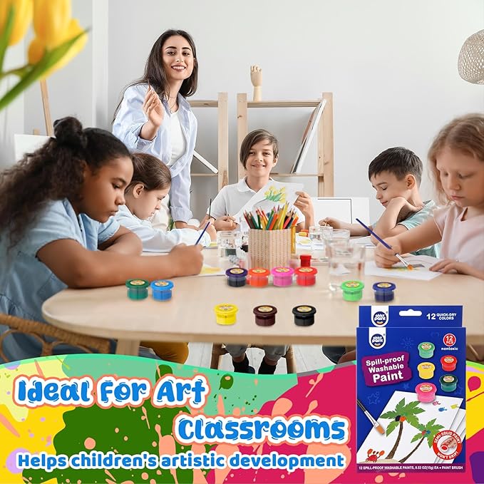 Nuanchu 60 Pcs Spill Proof Paint Set 12 Color Washable Paint for Kids Includes Brushes Craft Supplies for Paper Wood Poster Canvas Art Holiday Gift Kid Toddlers Ages 3+ (5 Set)