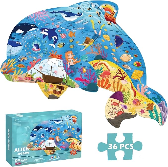 Floor Puzzles for Kids Ages 3-5, 4-6, Big Pieces Jumbo Puzzles Colorful Animal Shaped Puzzle Learning Educational Toys Games Gifts for Children(Dolphin-36 Pieces)