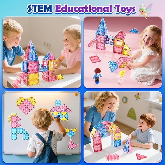 Diamond Magnetic Tiles for Kids: Magnet Building Blocks for Girls & Boys Age 3-8 Princess Castle Toy Birthday Sensory Game 4 5 6 7 8 12 Year Old Learning Classroom Must Have Decor