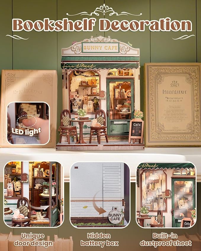 Book Nook Kit, DIY Miniature House Kits for Adult and Teens, Dollhouse Tiny Booknook Garden House Bookshelf, DIY Craft Gifts for Family and Friends（Sunny Cafe)