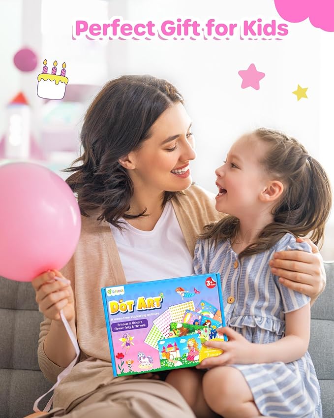D-FantiX Dot Art Sticker Book Kits with Ink Pad, Mess-Free Finger Painting for Toddlers, Unicorn, Princess, Mermaid, Flower Fairy Arts and Crafts, Kids Travel Activities