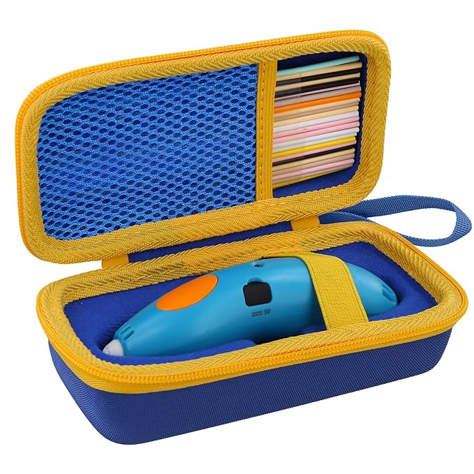 co2CREA Hard Case for 3Doodler Start+ Essentials (2024) 3D Pen Set - Storage Organizer with Custom Slots for Art Activity Set, Printing Filament Refill and USB Charger, Blue Case + Yellow Zipper