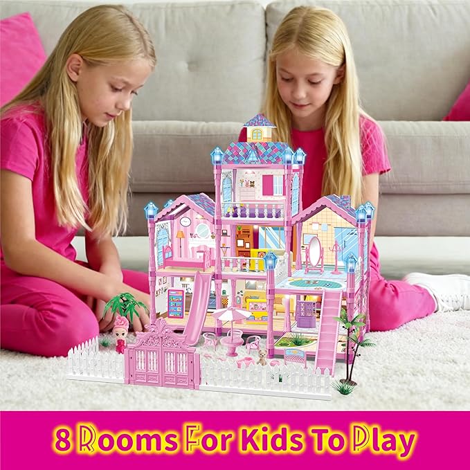 Dollhouse for Girl with 1 Princess, 3 Floors -8 Rooms, 216 Accessories Includes Dog and Furnitures, Design and Build Gift for 3 4 5 6 7 8+ Year Old Girls (Pink)